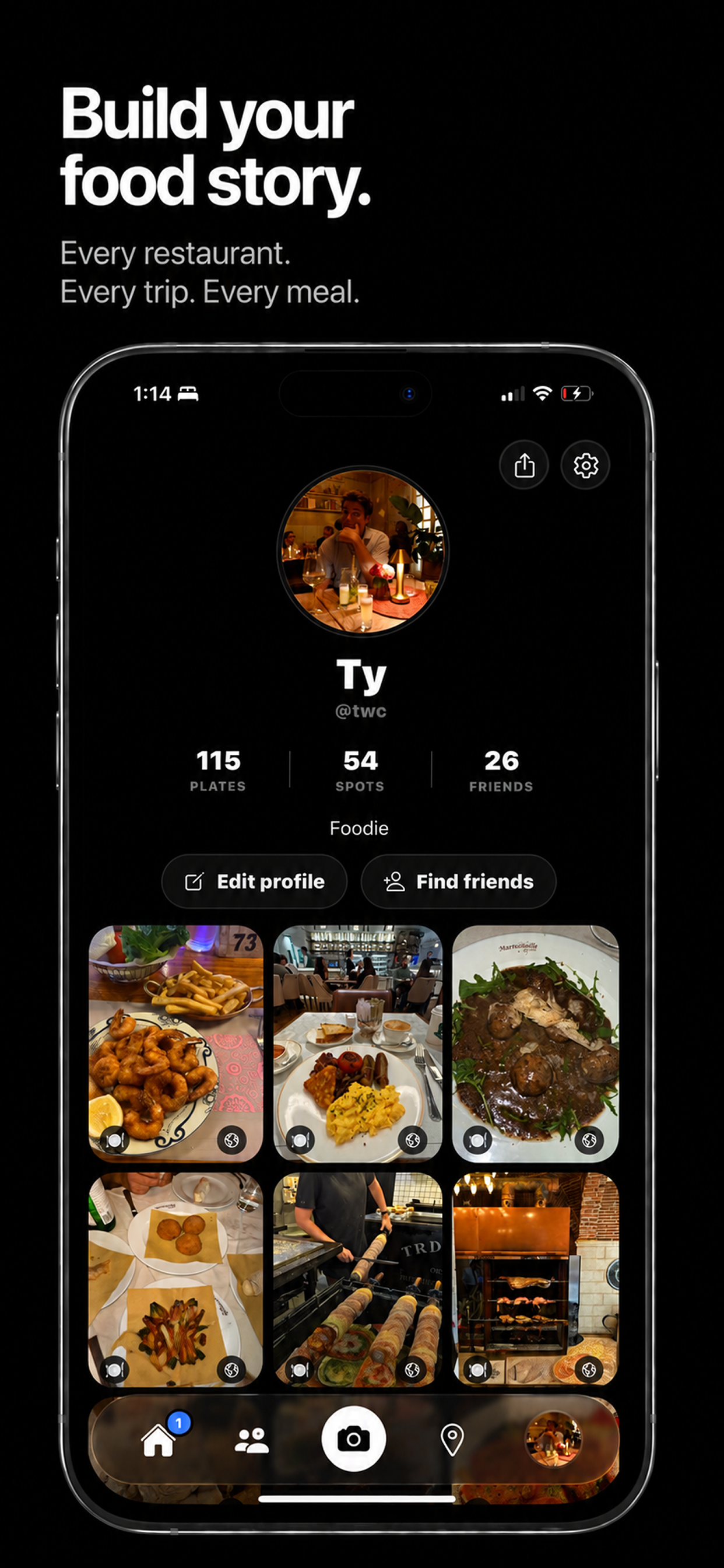 PlateIt profile screen showing a personal food story