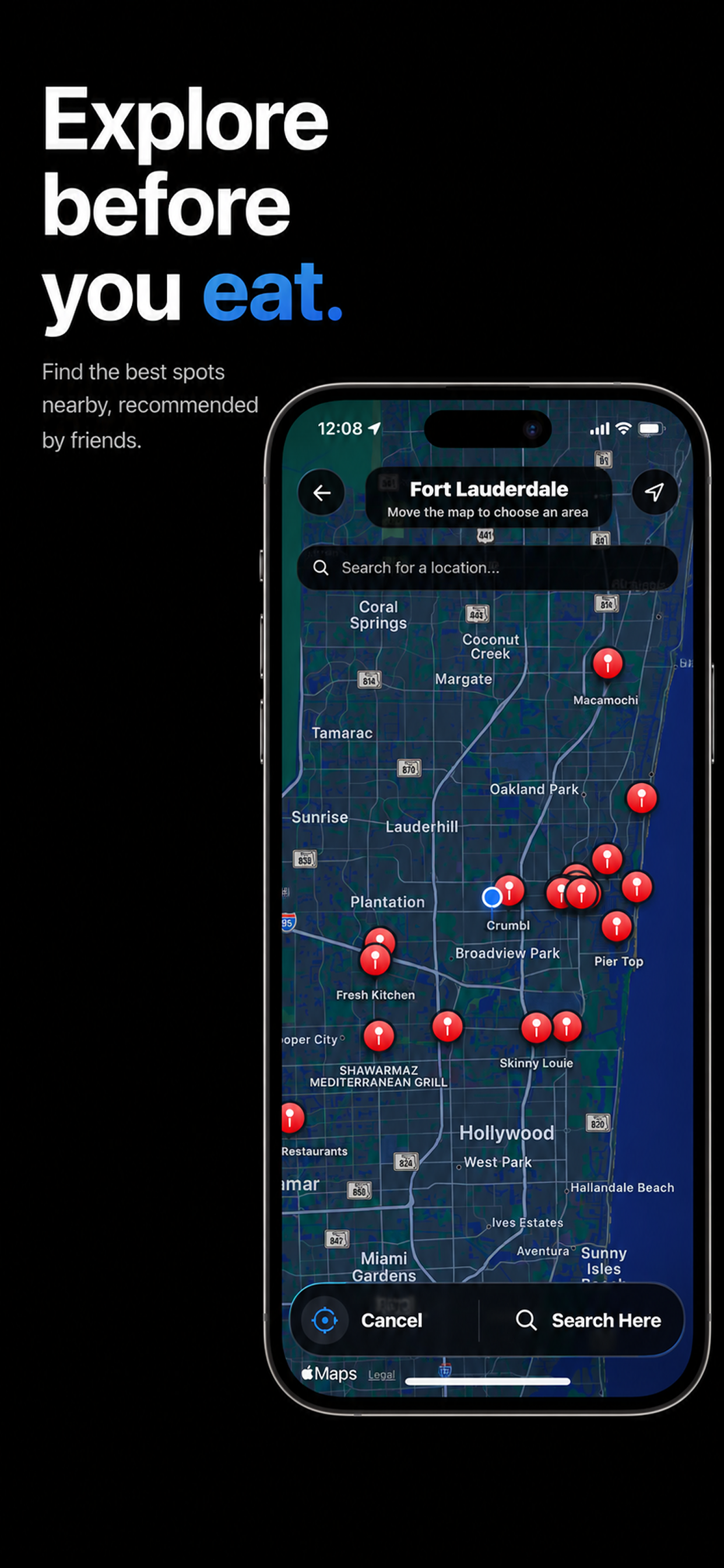 PlateIt map search screen for finding places before eating