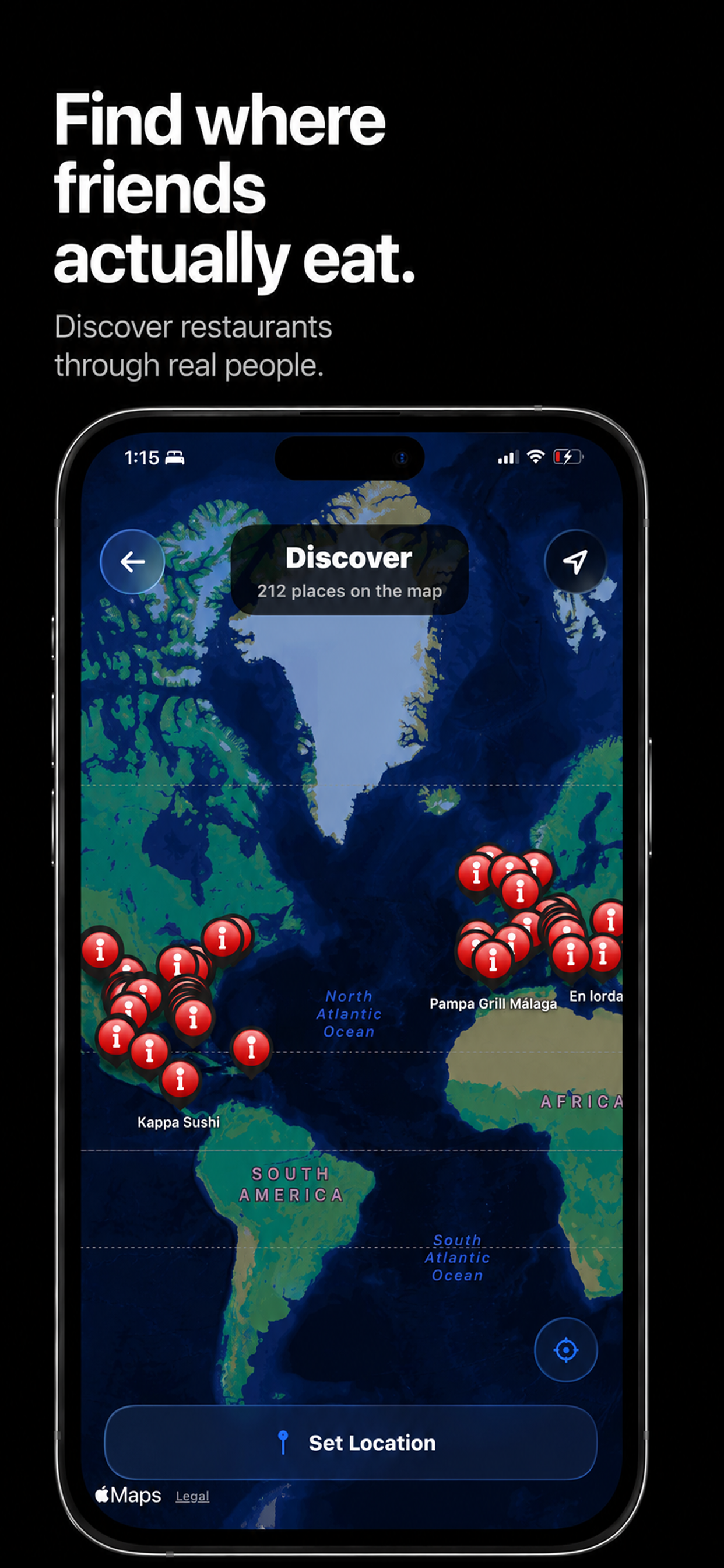 PlateIt map screen showing where friends actually eat